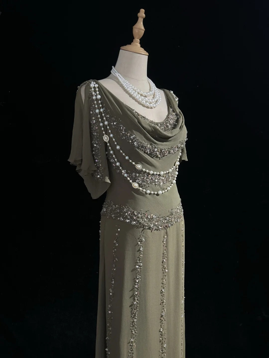 Vintage Prom Dresses A Line Cowl Neck Chiffon With Beaded 80s Evening Formal Dress RB3273