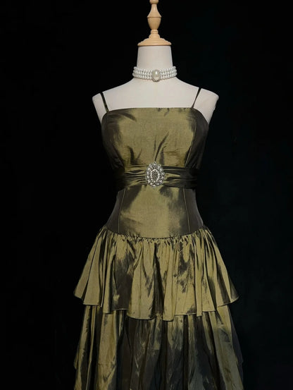 Vintage A Line Spaghetti Strap Olive Green Knee Length Party Dress Cocktail Gown Homecoming Dresses N3901