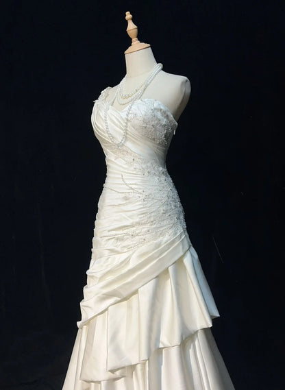 Vintage Prom Dresses Mermaid One Shoulder One Shoulder Satin With Beading 1980s Long Formal Gown N2623