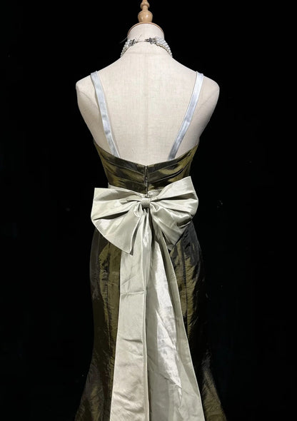 Vintage Prom Dresses Inspo Mermaid Spapghetti Strap Olive Green Long 1990s With Cape Formal Gowns N3327