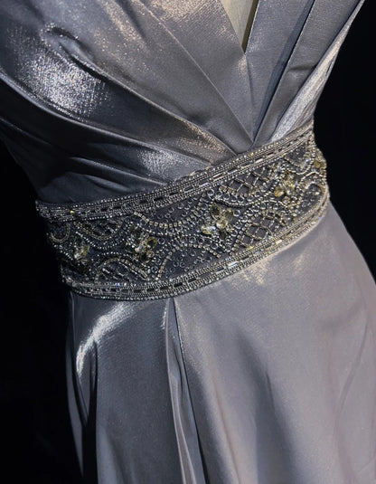 Modest Prom Dresses A line Spaghetti Strap Grey Satin Long Formal Evening Outfits N3617