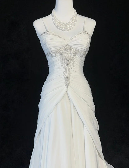 Timeless Wedding Dresses Mermaid Spaghetti Strap White Chiffon With Scarf Long Bridal Gown N3063