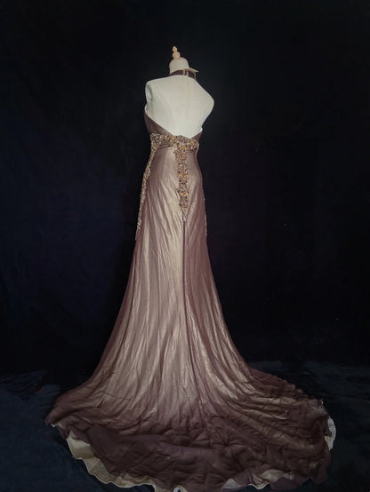 Vintage Prom Dresses Inspo Mermaid V Neck Brown Satin Long 1990s With Beading Formal Gowns N3352