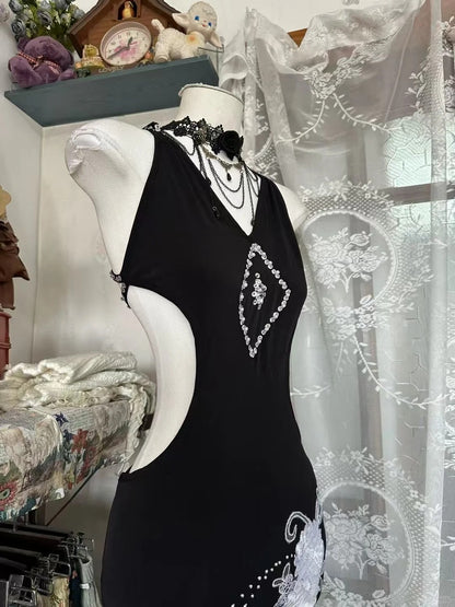 Vintage Prom Dresses Aesthetic Mermaid V Neck Black Chiffon Long Inspo Formal Gowns N1989