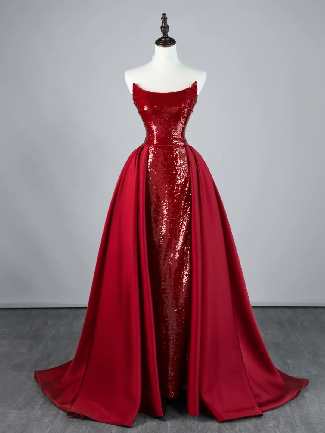 Modest Mermaid Strapless Wine Red Sequin With Ruffle Train Bodice Long Prom Dresses Night Formal Dresses N595