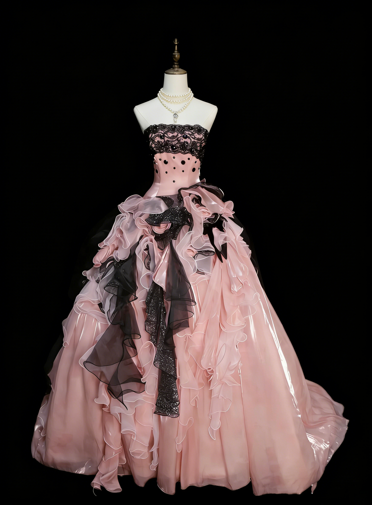 Sweet Ball Gown Strapless Pink Tulle With Tiered Layers Ruffles Long Party Gowns Prom Dresses N2242