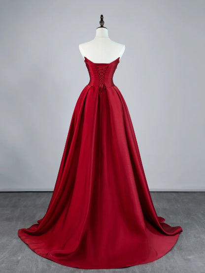 Sparkly Mermaid Strapless Burgundy Sequin Pleated With Train Satin Long Prom Dresses Formal Gowns N848