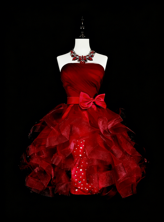 Unique Ball Gown Strapless Burgundy Tulle Inspo 2000s Hoco Gowns Short Inspo Homecoming Dresses N1364