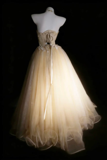Modest Prom Dresses Ball Gown Strapless Champagne Tulle With Appliqued Long Quince Dress N2973