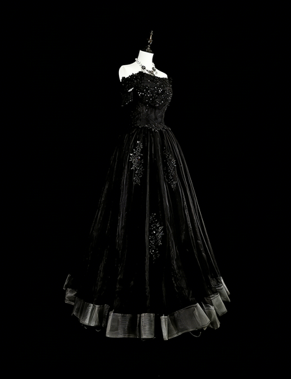 Vintage Prom Dresses Aesthetic 1970s Retro Ball Gown Strapless Black Tulle Long Formal Dress N2152