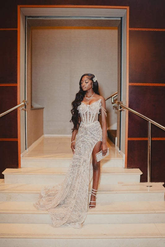 Glitter Bodycon Champagne Strapless Slit Long Prom Dresses Mermaid Bodycon For Women N4111