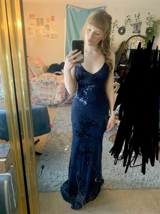 Elegant Mermaid Spaghetti Straps Navy Blue With Lace Long Prom Dresses Vestidos De Dia AB558