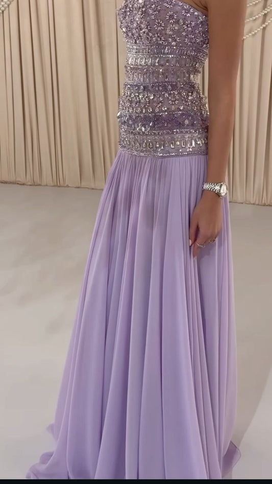 Classy A line Strapless Lilac Chiffon Prom Dresses Inspo For Teens Formal Dress Party Outfits Prom Gowns AB005