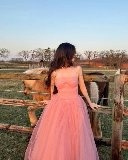 Simple A line Spaghetti Strap Pink Tulle Prom Dresses For Teens Formal Dress Party Outfits Prom Gowns AB1048