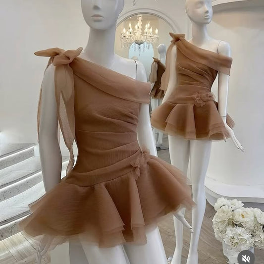 Modest Homecoming Dresses Outfit inspo Ball Gown One Shoulder Brown Tulle 16th Birthday Cocktail Dress Ideas Outfits RB8163