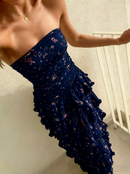Modest Sheath Strapless Yellow Chiffon Floral Long Prom Dresses Party Dress 22th Birthday Outfits Graduation Dress RB010