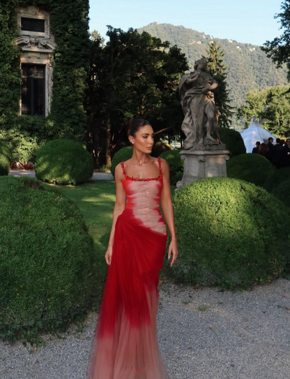 Classy Mermaid Square Neck Ombre Red White Multi Color Beaded Long Prom Dresses Inspo Glitter Prom Gown RB1395
