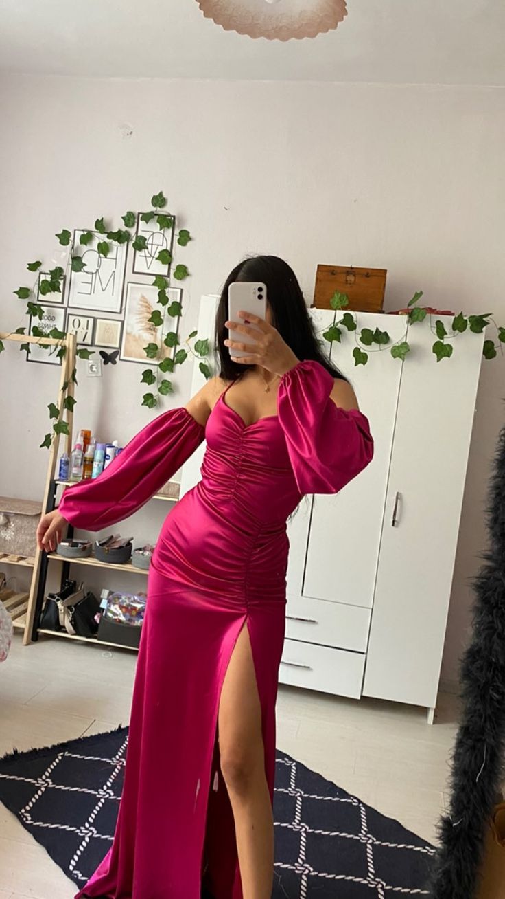 Modest Mermaid Spaghetti Strap Hot Pink Satin Slit Prom Dresses Sleeveless Long Formal Party Gown AB340