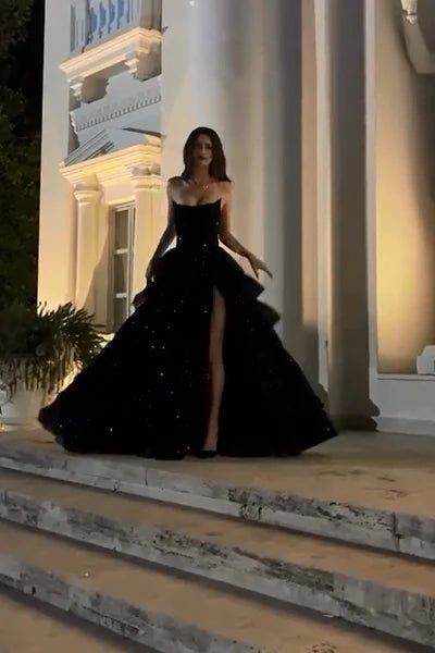 Sparkly Ball Gown Strapless Black Prom Dresses Fashion Evening With Slit Sequin Long Formal Party Gowns N794