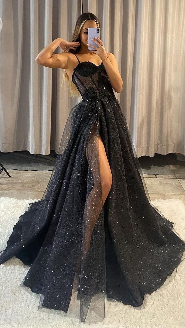 Black Prom Dresses Ball-Gown Sweetheart Sleeveless Tulle Prom Dress With Split Front N799