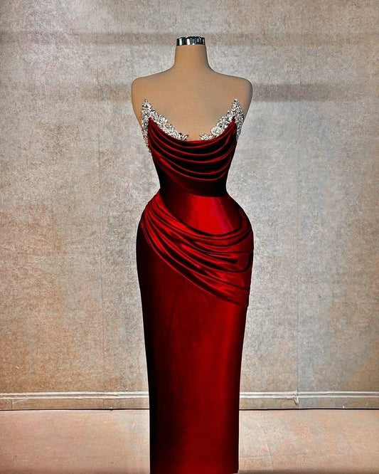 Sparkly Mermaid Sweetheart Satin Burgundy With Beads Formal Gowns Evening Maxi Prom Dress Bodycon For Women Party Outfits AB1227
