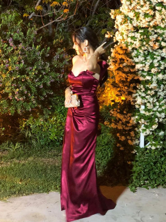 Sexy Mermaid Off The Shoulder Burgundy Satin Prom Dresses With Sleeves Party Dress Evening Dresses AB1076
