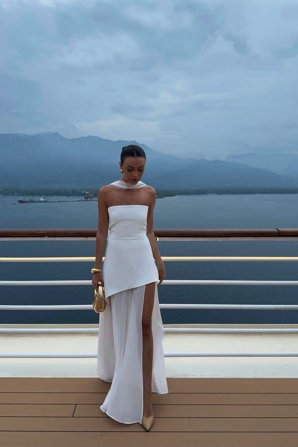 White Strapless Satin Chiffon Split Holiday Summer Prom Dress 18th Birthday Outfits AB2396