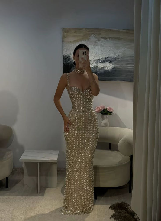 Elegant Mermaid Spaghetti Strap Champagne Beaded Bodycon Evening Women Party Dresses Long Formal Prom Dress 16 Birthday Gown AB1229