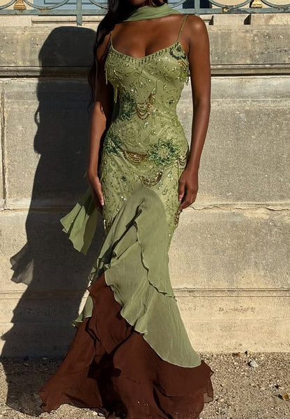 Sexy Prom Dresses Impress High Low Spaghetti Straps Sage Green Chiffon With Beads Semi Formal Graduation Party Dress For Teens High Schools AB1951