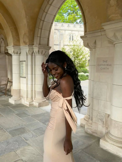 Sexy Mermaid Off-The-Shoulder Long Train Champagne Prom Dress Inspo Prom Gown AB1038