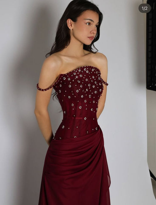 Classy Mermaid Spaghetti Strap Burgundy Wine Red Chiffon Prom Dress Aesthetic For Teens Formal Dresses Party Outfits Prom Gown AB1122