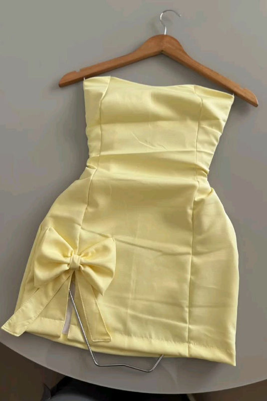 Sexy Sheath Strapless Yellow Satin Freshman High Shool Grad Short Mini Hoco Gown Homecoming Dresses RB4376