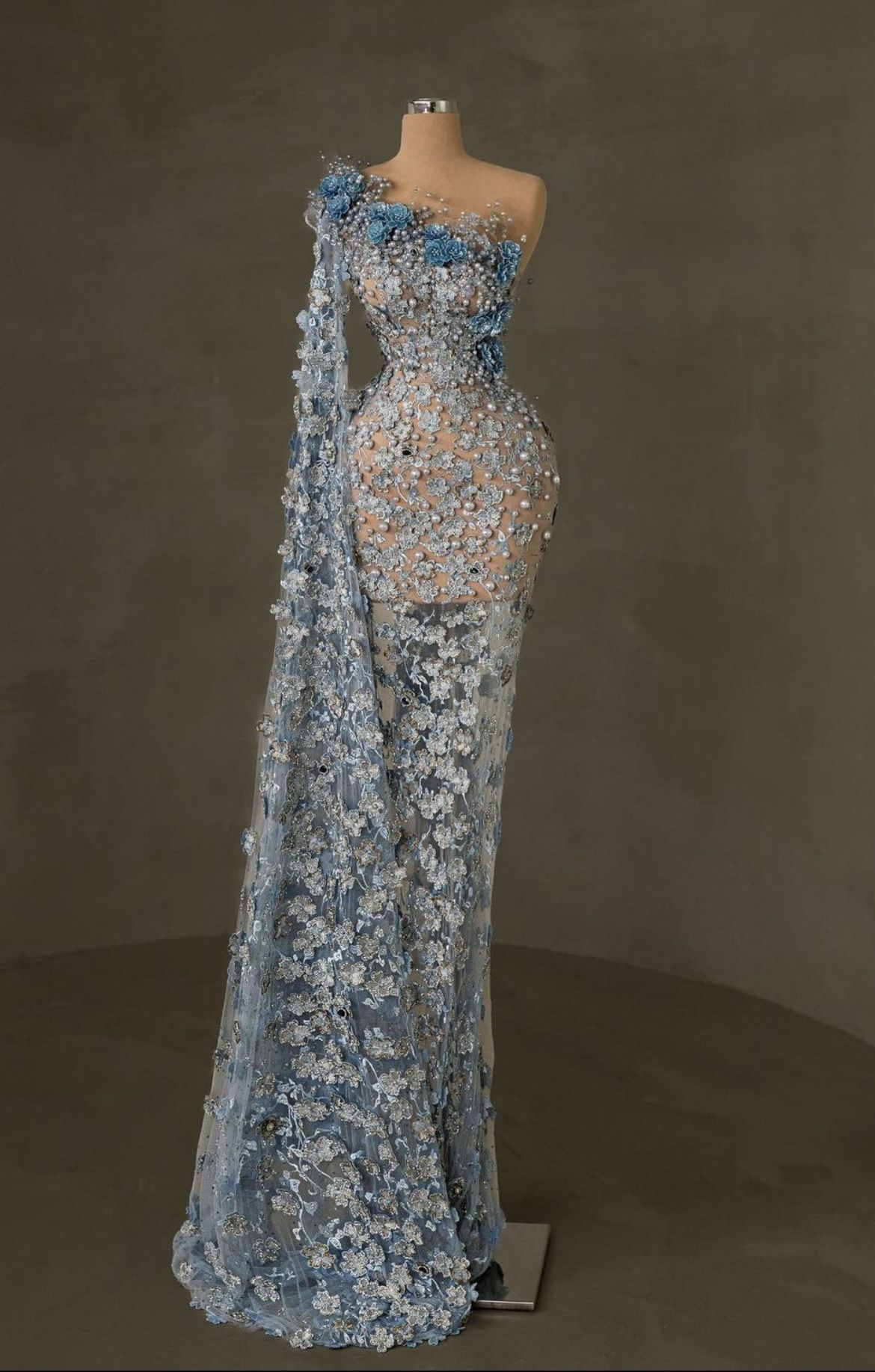 Sexy Shimmer Gown One Shoulder Sleeveless Blue Flowers Prom Dresses Mermaid Bodycon For Women N4066