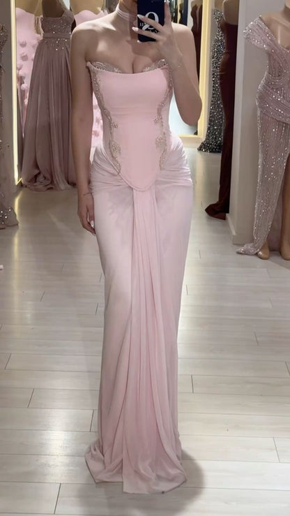 Sexy Shimmer Gown Strapless Sleeveless Pink Prom Dresses Mermaid Bodycon For Women N4063