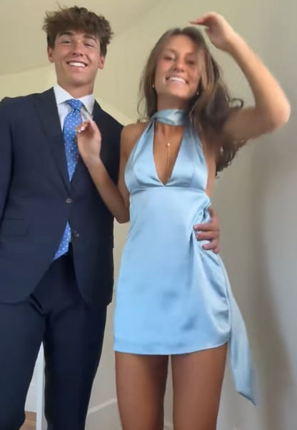 Yellow Satin V Neck A-Line Sleeveless Short Homecoming Dress University Ideas Inspo Short Hoco Court Gowns RB7261