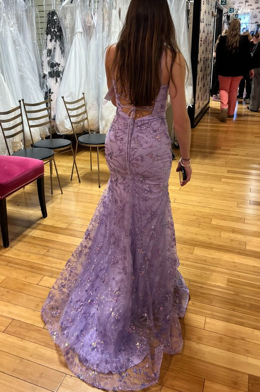 Glitter Mermaid Spaghetti Straps Lilac Open Backs Long Prom Dresses Formal Party Dress Evening Gown AB1240