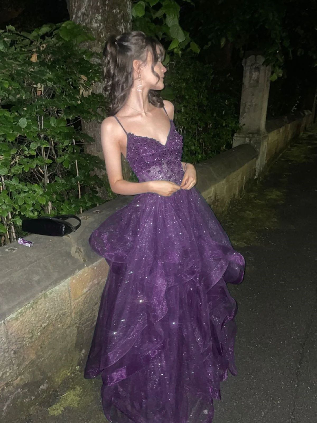 A-line Purple Tulle with Lace Applique Straps Evening Dress, Purple Tulle Long Prom Dress AB541