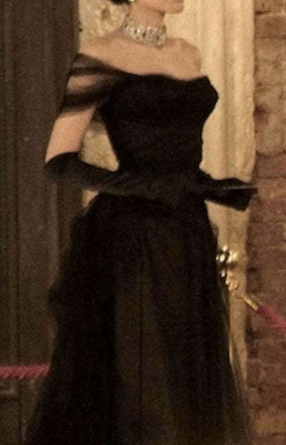 Vintage Ball Gown Black Birthday Party Dresses Off The Shoulder Prom Dresses Outfits Formal Dress N532