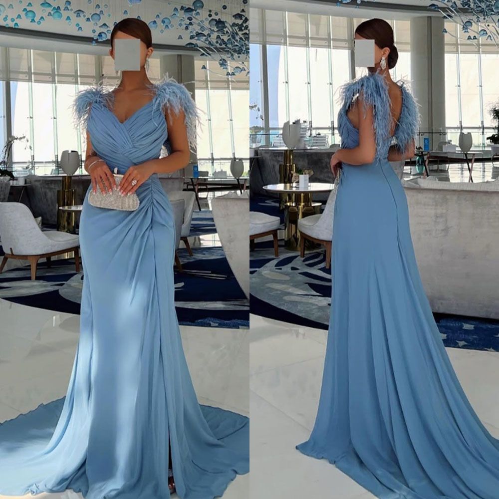 Modest Mermaid Sweetheart Blue Chiffon With Feathers Long Prom Dresses Inspiration Evening Gowns For Women Formal Party Dress AB1232