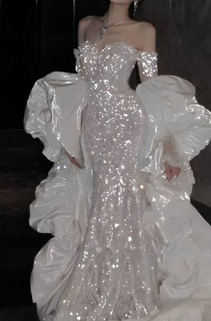 Charming Women's Mermaid Off The Shoulder Sequins Lace With Long Sleeves Wedding Dresses AB1464