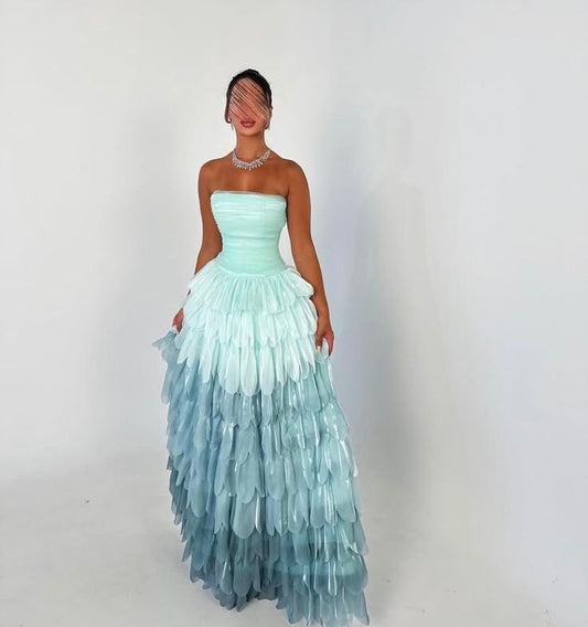 Sexy Ball Gown Strapless Blue Multi Layers Long Prom Dress Formal Party Prom Dresses AB410