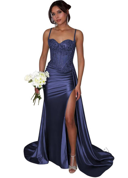 Mermaid Spaghetti Straps Formal Evening Party Gown with Slit for Women AB1621