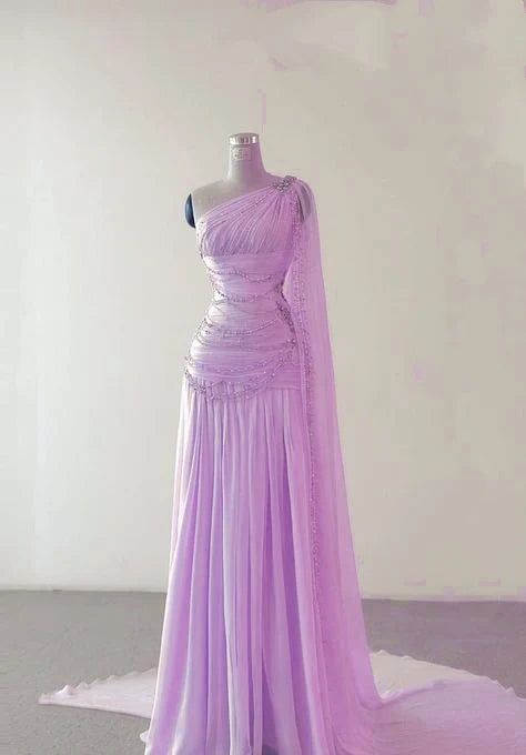A Line One Shoulder Pink Chiffon Evening Gown Prom Dresses N2392