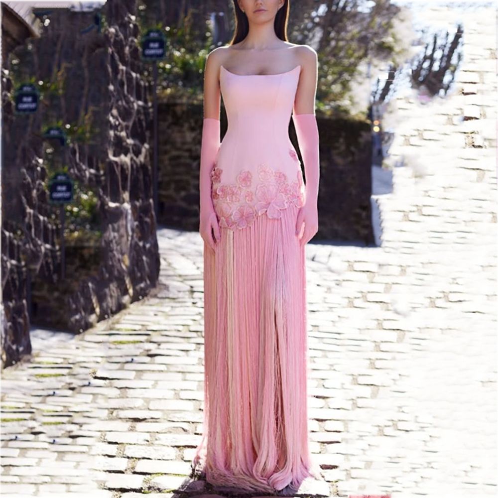 Unique Mermaid Strapless Pink Tassel Prom Dresses With Gloves For Teens Formal Dress Party Outfits Prom Gown RB2110