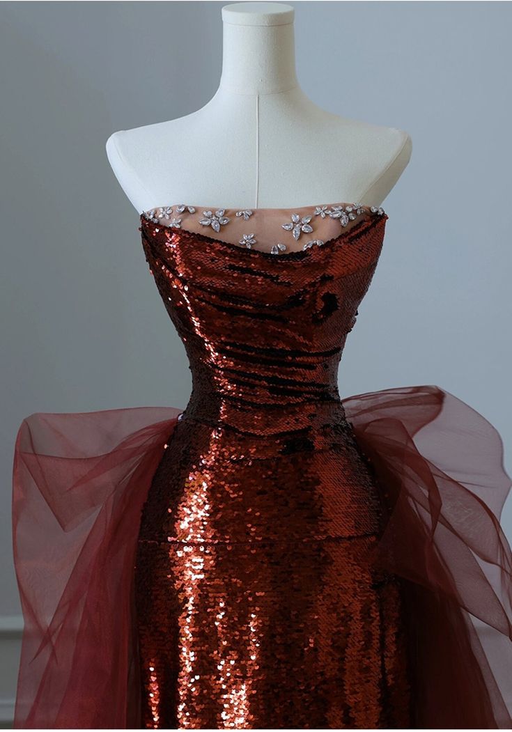 Mermaid Burgundy Mermaid Sequins Tulle Strapless Prom Dress Inspiration Prom Dresses AB127