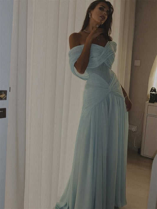 Customized Soft Blue Chiffon Evening Dress Sexy Mermaid Sweetheart Off the Shoulder Celebrity Gowns Wedding Guest Dress N897