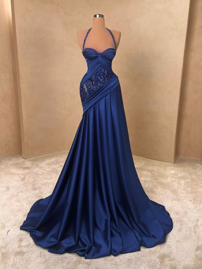 Sexy Mermaid Halter Royal Blue Satin Evening Dresses Night Date Prom Dress For Women AB2549