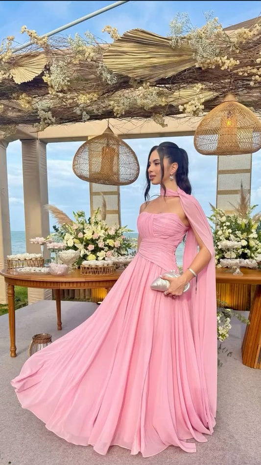 Simple A Line Strapless Pink Chiffon With Scarf Long Prom Dresses Impress Wedding Guest Dress Party Gown N284