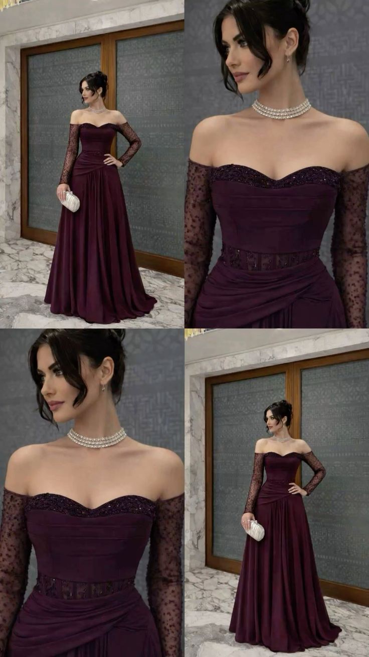 Sexy A Line Off The Shoulder Grape With Sleeves Beaded Prom Dresses Long Evening Formal Gown Wedding Party Gowns N365