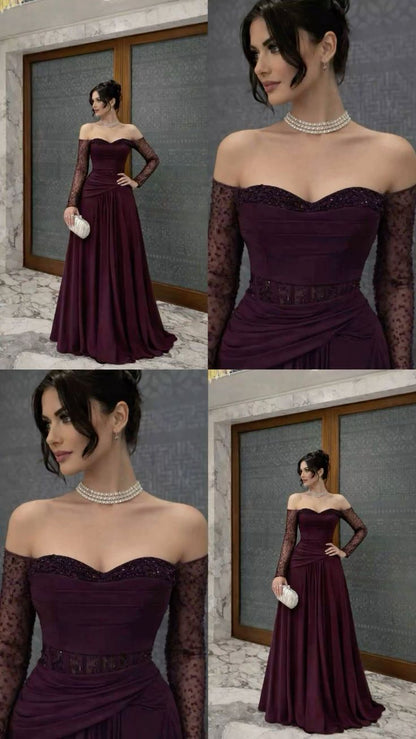Sexy A Line Off The Shoulder Grape With Sleeves Beaded Prom Dresses Long Evening Formal Gown Wedding Party Gowns N365